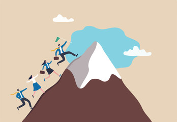 Success business mission, leadership to lead team to achieve goal, challenge or effort to reach target, motivation and teamwork to success, business people team members running to reach mountain peak.