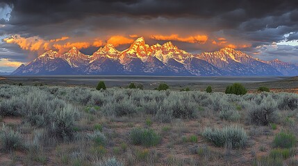 Dramatic sunset over a mountain range with a vast desert landscape.