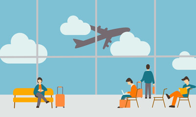 Flat vector illustration of people waiting at the airport lounge with a large window showing a flying airplane. Modern travel concept with passengers sitting, using smartphones,