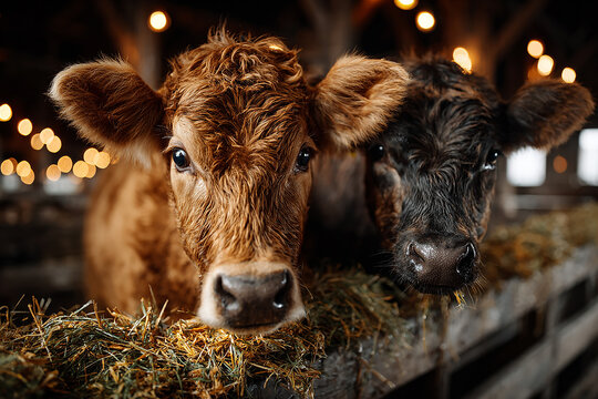 Two calves eating hay in a barn at night - Powered by Adobe