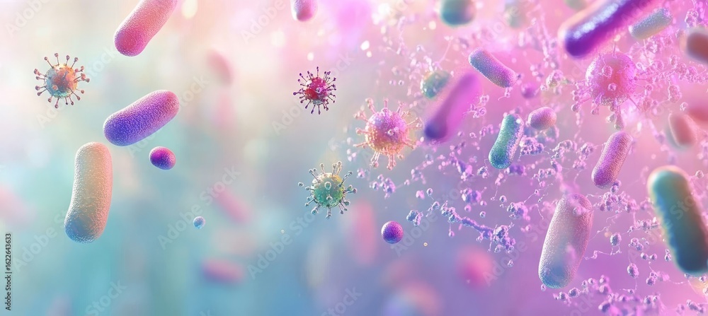 Poster exploring the microscopic world vibrant bacteria and viruses interacting in a dynamic environment