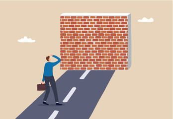 Business barrier, obstacle or difficulty, road block or career struggle, trouble or problem to be solved, prohibited or dead end concept, confused businessman walk on the road to brick wall barrier.