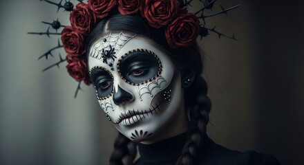 Day of the Dead portrait. Woman with La Catrina face paint and roses crown. Dia de los Muertos themed for festival, celebration, party invitation, or poster design.