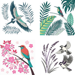 bright, bold, floral and bird-themed cartoon images  illustration