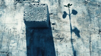 Concrete Block and Plant's Shadow: Contrast of Texture and Life's Resilience.