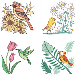 bright, bold, floral and bird-themed cartoon images  illustration