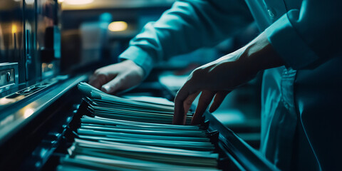 Office Worker Organizing Files in Filing Cabinet, Professional Sorting Files in Office, Worker Handling Paperwork in Filing System