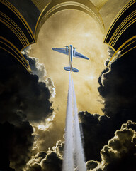 Art Deco airplane soaring through golden clouds, chrome wings, symmetrical trail, vintage aviation elegance