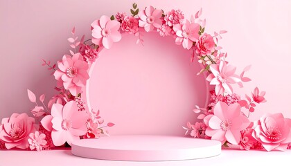 Pink floral podium with abstract background.