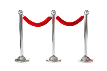 Three polished chrome stanchions with plush red velvet ropes isolated on transparent background