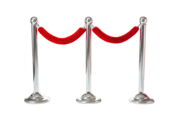 Three polished chrome stanchions with plush red velvet ropes isolated on transparent background