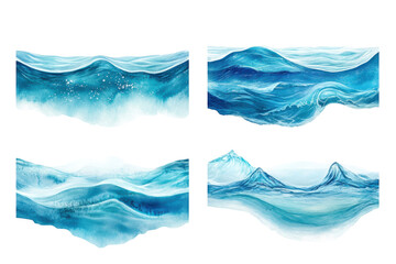 Four beautiful watercolor ocean wave and mountain scenes isolated on transparent background