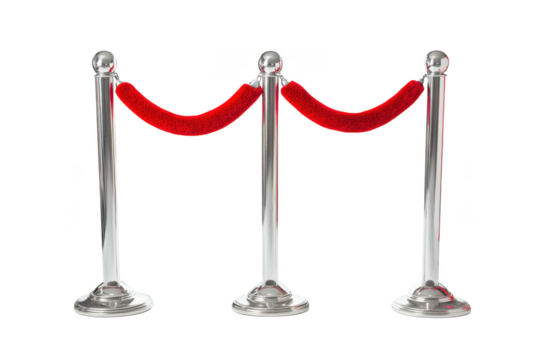 Three polished chrome stanchions with plush red velvet ropes isolated on transparent background