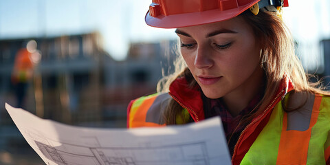 Female Construction Worker Reading Blueprint, Woman Construction Manager on Job Site, Architect Reviewing Building Plans on Construction Site