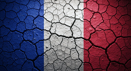 French Flag on Dry Cracked Earth Texture Global Warming and Climate Change Fast Disaster