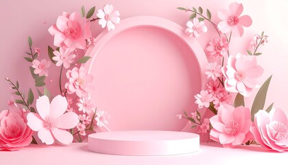 Pink floral podium with spring background.