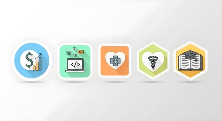 Flat design infographic icons representing finance, technology, healthcare, and education