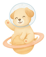 Pastel Space Dog on Saturn – Watercolor Galaxy Nursery Clipart