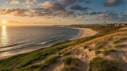Panoramic landscape photograph capturing a serene coastal scene during sunset.