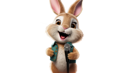 Charming Rabbit Singing with Microphone on White Background – Cute Cartoon Bunny Performing Music, Fun Animal Character Illustration

