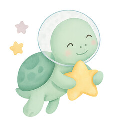 Pastel Space Turtle Hugging Star – Watercolor Nursery Clipart