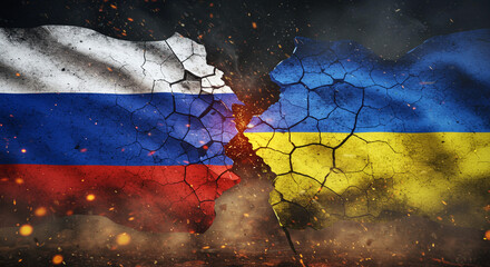 Russia Ukraine Conflict War Fast Flags Cracked And Broken With Debris And Fire Political Tension