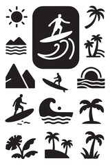 A collection of black vector icons with a simple, modern silhouette style. Features various tropical and surfing elements like surfers, palm trees, sun, waves, and mountains.