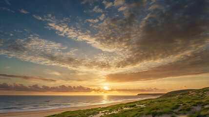 Panoramic landscape photograph capturing a serene coastal scene during sunset.