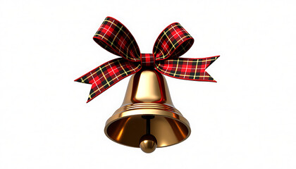 Festive gold bell adorned with a plaid ribbon bow on a light background for holiday decoration
