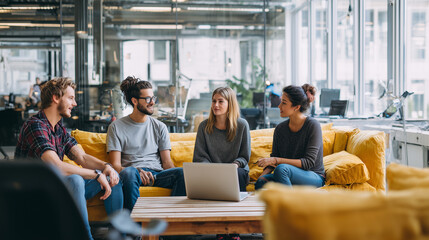 Obraz premium A group of young professionals collaborating in a bright coworking space