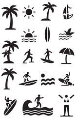 A collection of simple black vector icons with a tropical beach and surfing theme. Features silhouettes of surfers, waves, palm trees, a sun, and other vacation elements.
