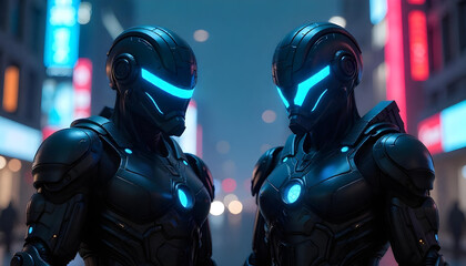 Two Futuristic Androids with Glowing Blue Eyes robot
