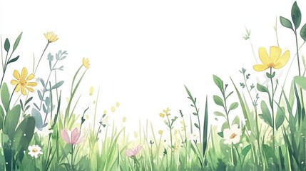 Fototapeta premium Charming Watercolor Meadow Ambience with Light Flowers and Leaf Frames for Romantic Illustrations