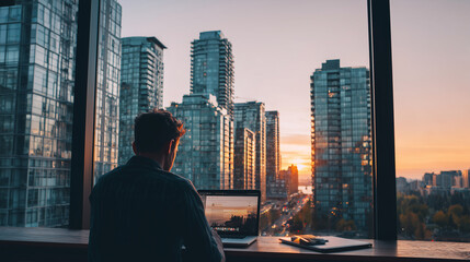 A person working on a laptop with a big window and city view behind them