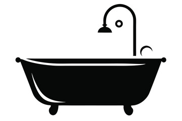 Stylized Black Bathtub with Shower Head and Bubble Graphic, Minimalist Bathroom Icon