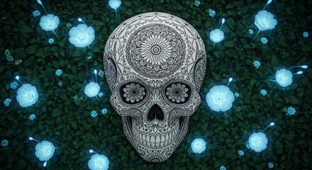 Ornate sugar skull surrounded by glowing flowers. A stunning Day of the Dead graphic resource for designs, backgrounds, templates, cards, posters, and invitations.