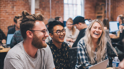 Obraz premium A team of freelancers laughing together during a break in a coworking hub