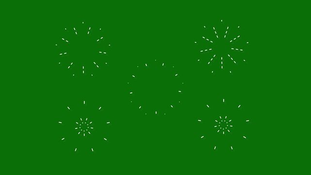Explosive fireworks circle burst animation, shiny glowing sparks line explosion with ellipse pop-up firework effect, circle bursting template design, motion graphics element, green background, 4K
