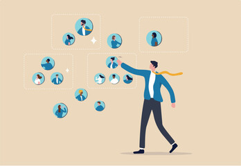 Reorganization or reorg to adjust, allocate resources, change team structure for efficiency, restructure organization, department and job roles concept, businessman ceo reorganize employee role chart.