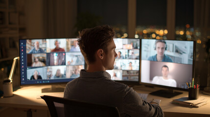 A young professional on a video call with multiple screens and soft desk lighting