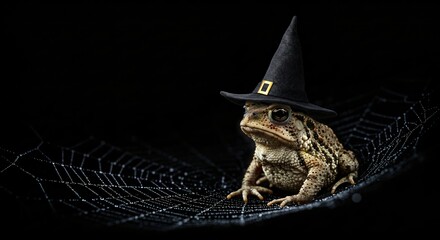 A toad wearing a witch hat sits near cobwebs on a black background for halloween holiday and fall decor.