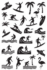 A monochrome vector compilation of beach and surfing icons: various silhouettes of surfers riding waves, palm trees, and flamingos, evoking a tropical summer vibe.