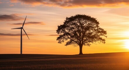 Silhouette of a wind turbine a large tree at sunset in a field