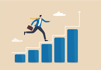 Progress or improvement to success, step forward to grow business, journey to achieve goal, ambition or career path concept, businessman walk up growth chart and graph with stair to success.