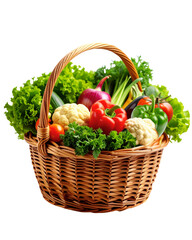 A vibrant wicker basket overflows with a colorful assortment of fresh, ripe vegetables and fruits, perfect for a healthy summer diet