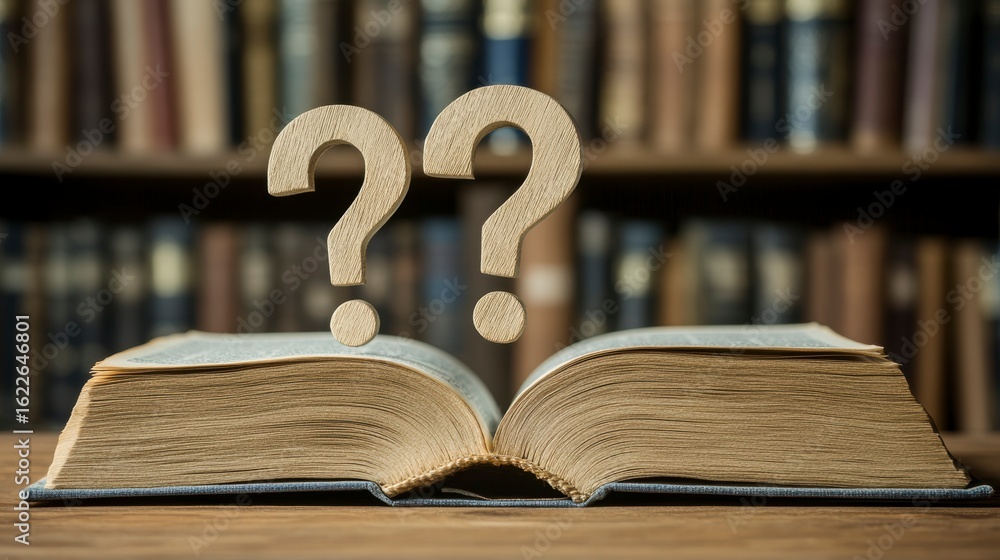 Poster open book with question marks above it against a bookshelf background.
