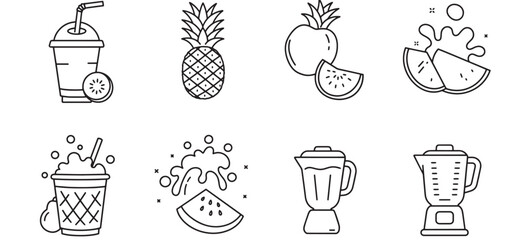 Black and white illustrated healthy fruit smoothies and blender icon set
