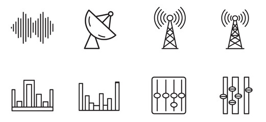 Fototapeta premium Collection of digital signal, radio tower, and audio equipment icons in minimalist black lines