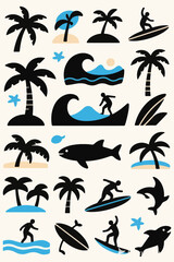 A vibrant vector illustration showcases various tropical beach elements: palm trees, surfers riding waves, surfboards, dolphins, sharks, starfish, and sunny skies in a bold, graphic style.
