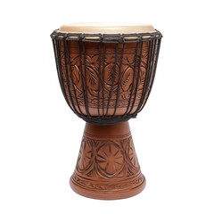  artistic brown drum with intricate carvings isolated on white background
